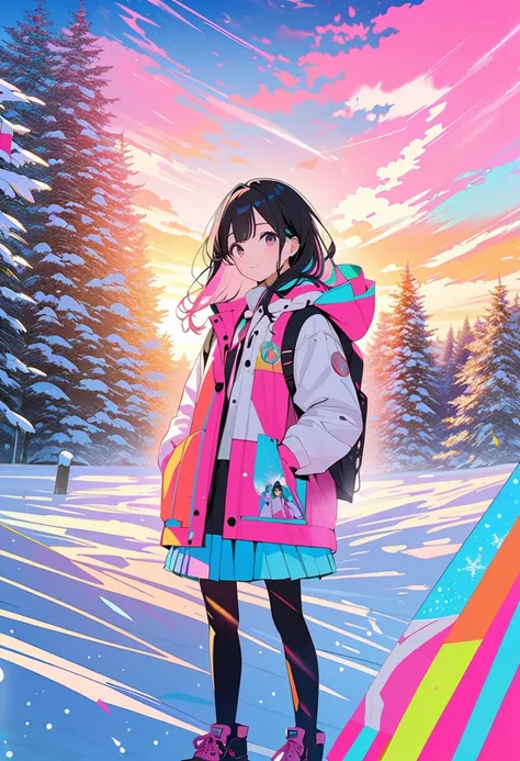 (masterpiece, best quality), print collage depicting,anime coloring,tween school girl,She is standing,(magic-hour,snow),december,splash color, collage art, contemporary art,