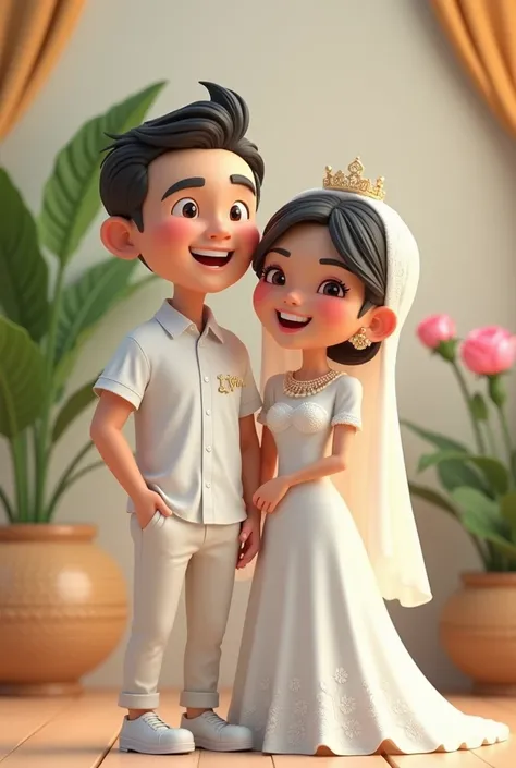  Create an animated 3D illustration of a Malaysian guy and girl standing with a perlamin background,  in white bride dress there is a name inscription  " ieym "  on her boy clothes and there is a text  "beautiful"  in girls clothing 