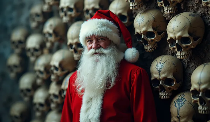 HAPPY NEW YEAR 2025. Skulls background and Santa