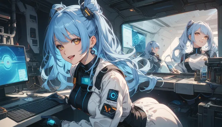 A mysterious happy  anime girl with chin-length blue hair and glowing amber eyes, dressed in a dark, black and silver space suit with reflective shoulder 
plates and intricate designs. Using futuristic computer in lab with happy gestures , She stands next ...