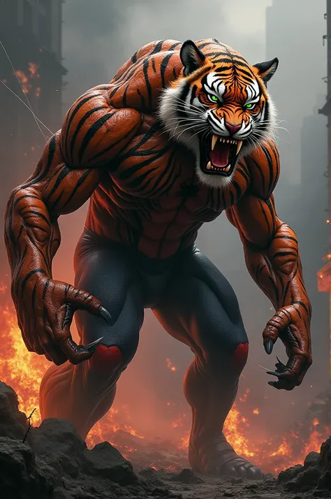 Create a hybrid creature that seamlessly combines the features of a tiger and Spider-Man into a monstrous, dangerous entity. The creature should have the muscular, sleek build of Spider-Man, with the powerful, intimidating head of a tiger, its fierce eyes ...