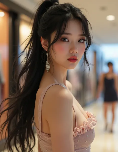 Beautiful Korean girl,sexy ,  with glazed tiled skin , Red cheeks, Pink skin, Ponytail,Black hair, Extra long hair 2m long hair , I gave off both sides of ,, my hair fluttered up, my chest size 37 inches.,  action with a sexy gesture , , a little smile, lo...