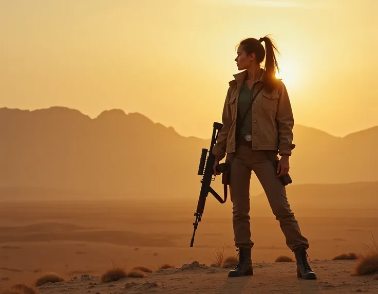 A lone woman with a rugged appearance standing in the Mojave Desert at sunset, wearing a military jacket and combat boots, holding a rifle, her hair tied back. The scene is desolate and bathed in warm orange hues, evoking a sense of isolation and determina...