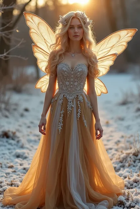 🍂 November – Amber Frost Fairy
The Amber Frost Fairy bridges the warmth of autumn with the chill of approaching winter. Her floor-length sweetheart neck gown puffed sleeves is a stunning blend of amber gold, deep taupe, and frosty silver, symbolizing the f...