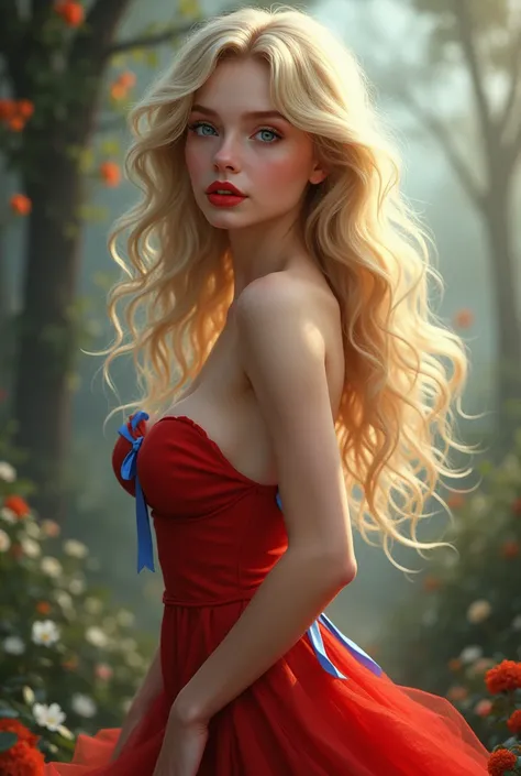 A white woman with blond straight hair and and red gown slit with plumpy lips perfect figure, innocent beautiful baby face and sexy face and blue eyes and girl tie with log reban pictures little animated but like real 