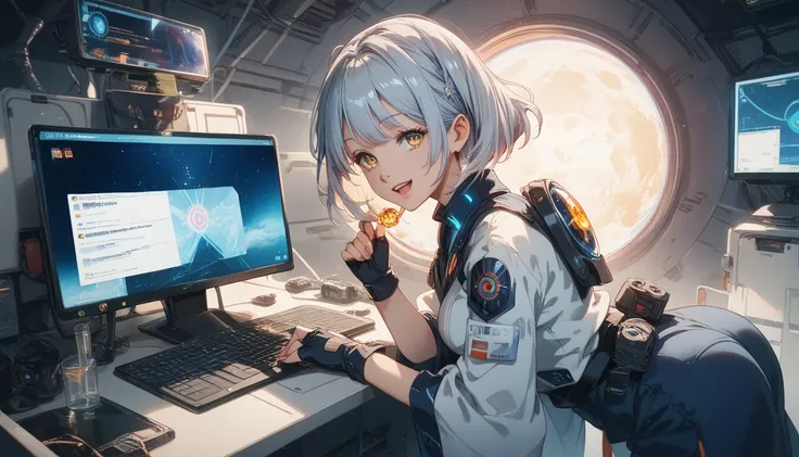 A mysterious happy  anime girl with chin-length blue short hair and glowing amber eyes, dressed in a dark, black and silver space suit with reflective shoulder 
plates and intricate designs. Using futuristic computer in lab with happy gestures , She stands...