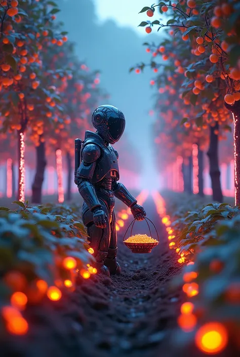 "A futuristic vineyard where glowing data clusters grow on vines like grapes, a farmer robot harvesting digital oranges from high-tech trees, holographic baskets collecting shimmering data streams, vibrant neon colors, a blend of nature and technology, cyb...