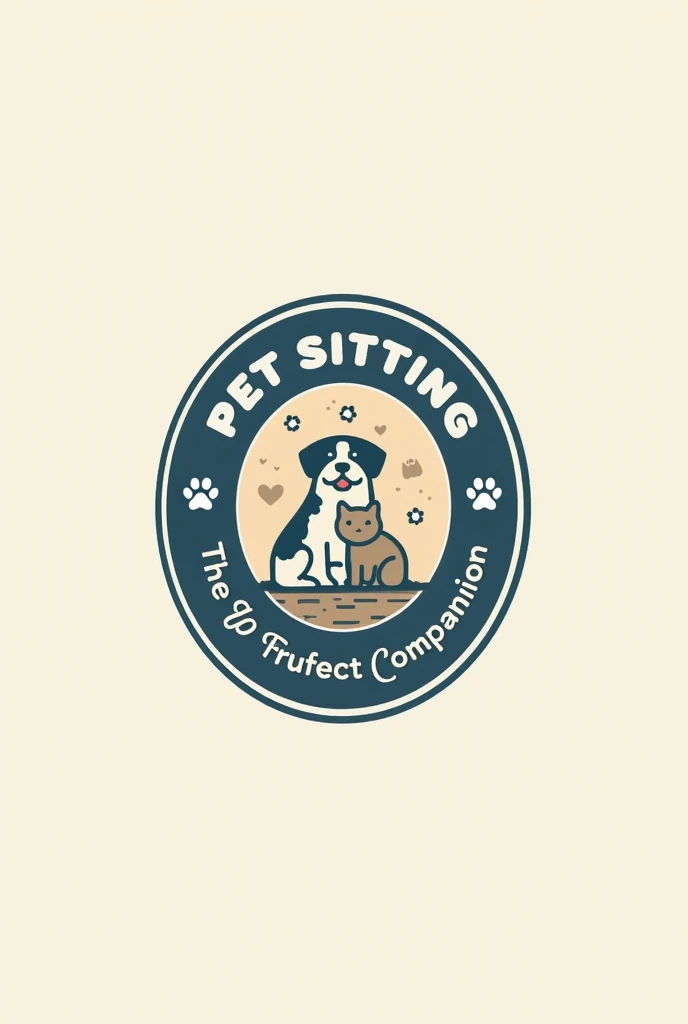 Create a logo for a pet-sitting service. The logo should be a circular badge with a dark blue border and a light beige or cream inner circle. In the center, there should be a playful illustration of a dog and a cat, perhaps cuddling or playing together.  B...