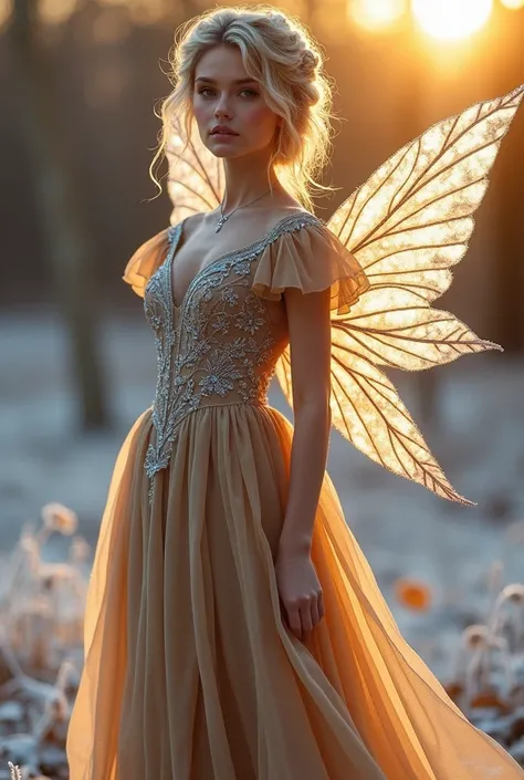 🍂 November – Amber Frost Fairy
The Amber Frost Fairy bridges the warmth of autumn with the chill of approaching winter. Her floor-length sweetheart neck gown puffed sleeves is a stunning blend of amber gold, deep taupe, and frosty silver, symbolizing the f...