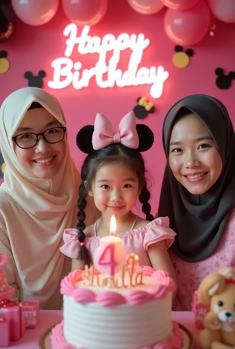  Photography a Minnie mouse themed birthday party 🎉 9th In the center of the picture ,  there is a cute  korean girl ,  wearing a pink princess dress ,  dark hair braided wearing a Minnie mouse,  and on the left a beautiful asian woman wearing a cream dres...