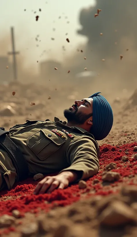 "A brave soldier in a commando uniform with a blue turban lies injured on the battlefield, surrounded by red marks on the ground. The aftermath of a powerful explosion is evident, with smoke, debris, and shattered earth filling the chaotic scene. Despite h...