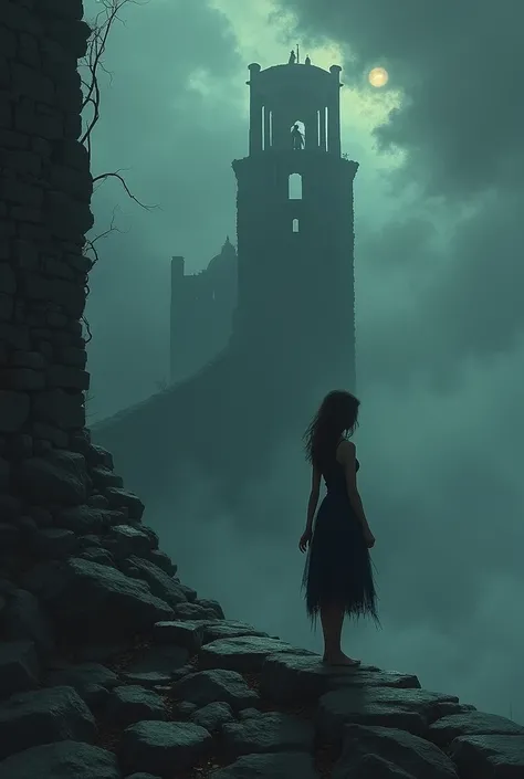 The image shows a dark fantasy book cover for "Broken Shadows - Where light casts shadows". In the foreground is a female silhouette in tattered clothing of a single figure on a crumbling wall. The figure looks into the distance, where the dark sea of clou...