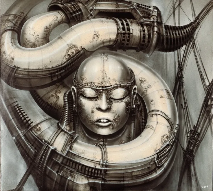 gigerart, a piece of art by HR Giger. The artwork depicts a humanoid figures of a balds , wearing a headband screwed into its skull. and various straps that bind its body. Its body melds into the background which is a snake of pipes and cables. The figure ...