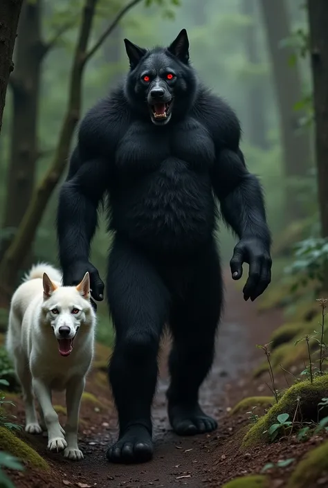 Un antité vodou, de grand taille, couleur de peau noire, les yeux rouges, ses pieds sont des sabots, dans sa mains droite un crânes humains, dans un forêt sombre avec un enorme chien blanc comme compagnie,  