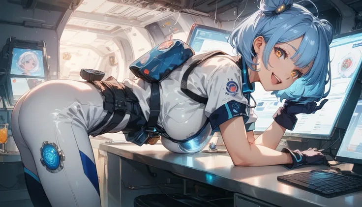 A mysterious happy  anime girl with chin-length dark blue short hair and glowing amber eyes, dressed in a dark, black and blue hollographics space suit with reflective shoulder 
plates and intricate designs. Using futuristic computer in lab with happy gest...