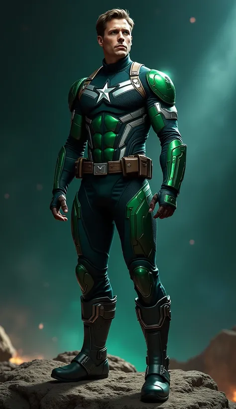 Captain America In Green And Black Suit, Perfect Combination Of Green And Black Color, Space Background, Realistic, High Detailed 