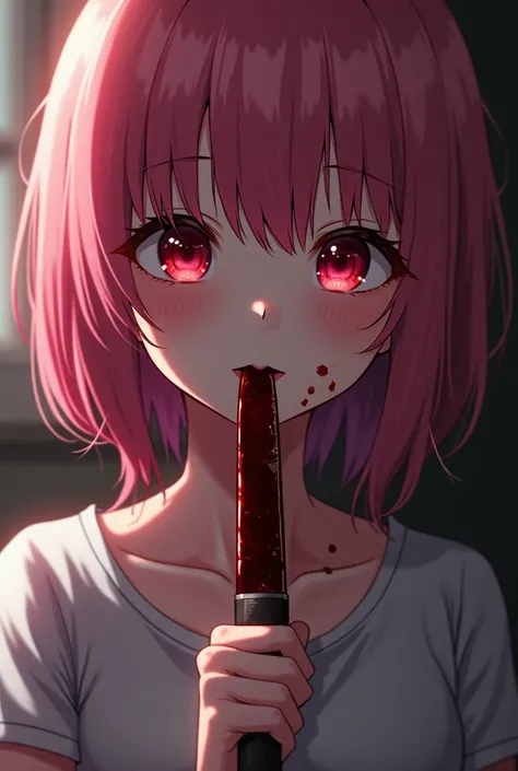  image of an anime girl with a bloody knife in her hands,  who licks a knife , language,  hair is bright pink , Soft,  red eyes , blood face .