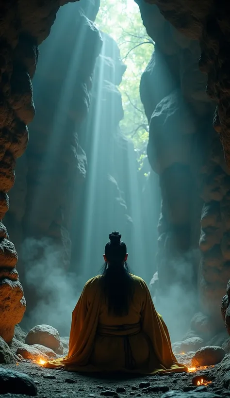 An ancient Chinese philosopher resembling Confucius, dressed in flowing traditional robes, sitting in a dark, facing the camera, mysterious cave illuminated by a soft, mystical light. The cave is filled with ancient carvings and symbols etched into the sto...