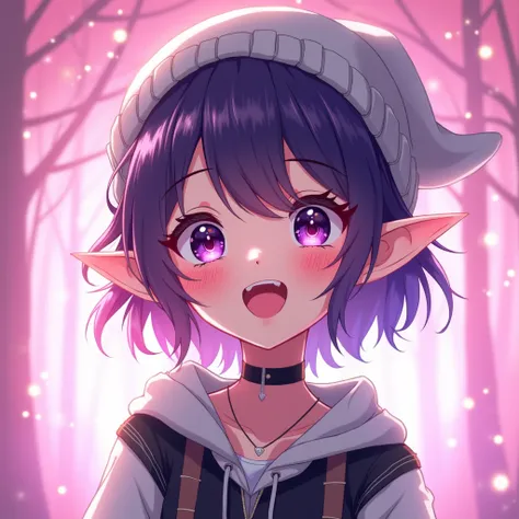 Anime art style, first shot, female charater, dark purple short hair, purple glowing eyes degraded to pink, pale skin, elf ears, wearing a black sport top with a semi-transparent white short blouse, wearing denim shorts, wearing a gray wool hat, really hap...