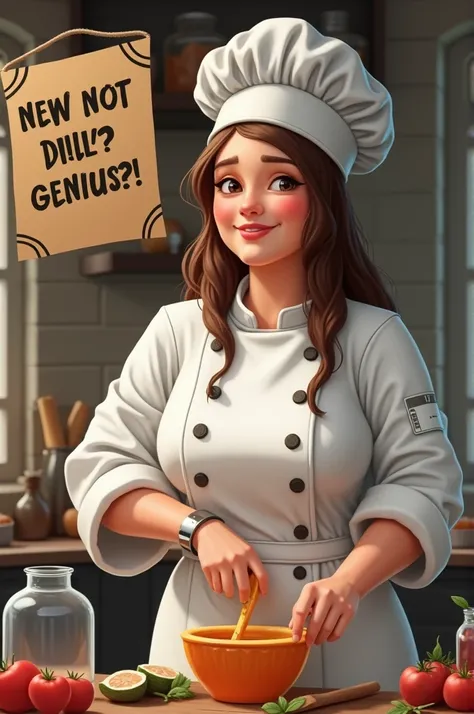 44 year old, slightly plump white woman with long straight brown hair dressed as a chef making jelly and a sign that says genius at work Im not for anyone