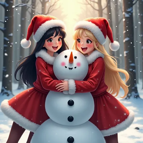 Beautiful 20 year old woman,  European traits,  black hair,  and red Christmas hat ,  plush red dress with long sleeves ,  in half a snowman with a carrot nose , three big balls ,  next to her  of  , yellow blonde ,  Russian and tender features ,  of red C...