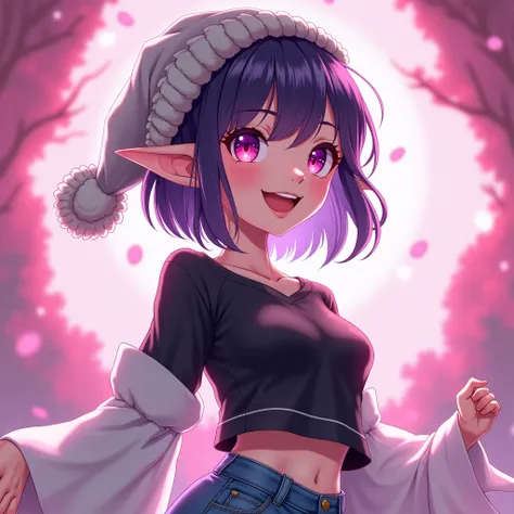 Anime art style, female charater, dark purple short hair, purple glowing eyes degraded to pink, pale skin, elf ears, wearing a black sport top with a semi-transparent white short blouse, wearing denim shorts, wearing a gray wool hat, really happy, pink mag...