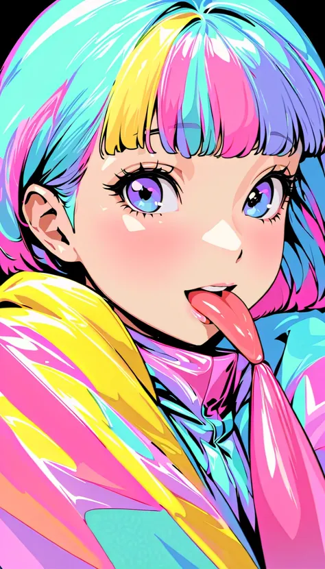  huge penis 。tongue。 drool 。( top quality:1.2,  city pop style,  very detailed bust, up to date,  vibrant,  High Contrast, masterpiece:1.2,  top quality,  best aesthetics),  girl, ((Upshot of a face that seduces:1.4)),  colorful hair,  bob cut,  pastel col...