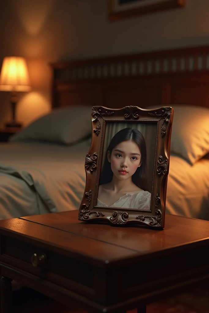 In a room , a table close to bed . On table theres a picture of a girl . Generate the pic of a mid shot of table and picture frame on it 