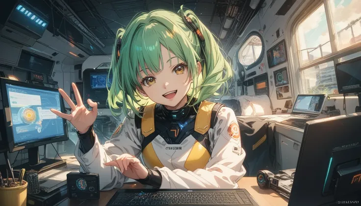 front pose, looking at the computer screen,happy gesture, front image, anime face, looking at the computer screen, front pose anime girl with shoulder-length green hair and warm brown eyes, dressed in a sleek, black-and-yellow space pilot suit with metalli...