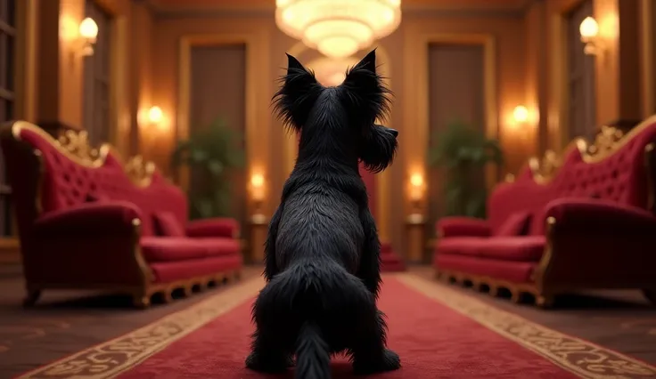 
"A back view of a pure black Affenpinscher dog standing in a luxurious room. The dogs shiny coat glistens under warm ambient lighting, its tail slightly visible and body positioned elegantly. The background features opulent decor, including a grand chande...