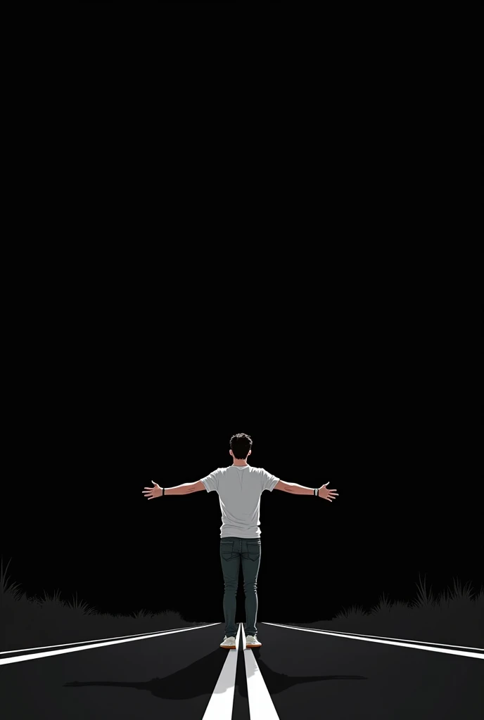 "A minimalist illustration of a young man, around 25 years old, standing in the middle of a road, viewed from the back. His arms are stretched out to both sides, symbolizing freedom and openness. The design is created using simple white lines on a solid bl...