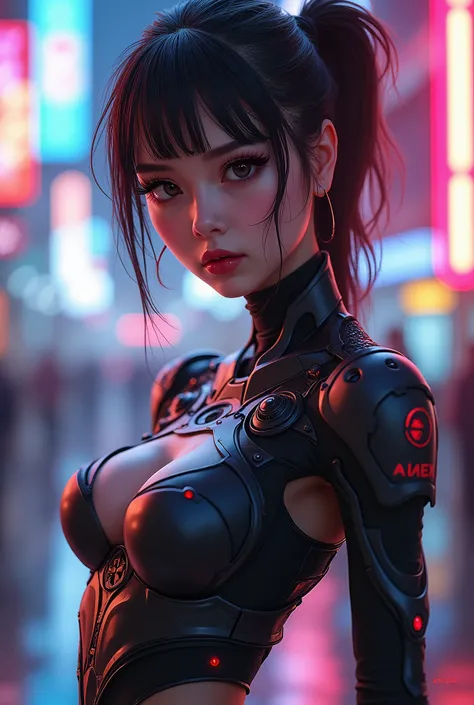 a sexy teenage girl, detailed realistic portrait, beautiful detailed eyes, beautiful detailed lips, extremely detailed face, long eyelashes, elegant slender figure, dynamic pose, zone of the enders inspired cyberpunk mecha suit, glowing neon lights, cinema...