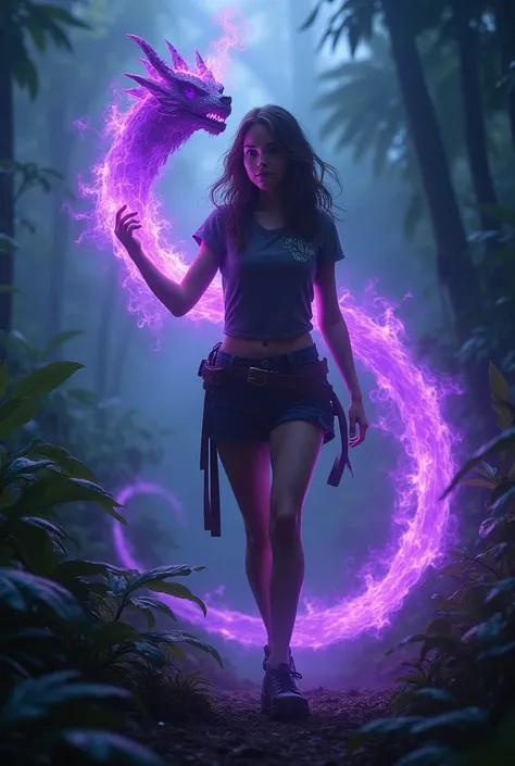 A teenage girl walking through a dangerous jungle at night, holding a bright dark purple dragon flame that is wrapping around her arm, (best quality,4k,8k,highres,masterpiece:1.2),ultra-detailed,(realistic,photorealistic,photo-realistic:1.37),extremely det...