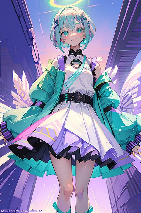 ((best quality)), ((masterpiece)), (detailed), 1girl, , (pastel lavender bob hair:1.3), mint green highlights, futuristic anime-style outfit, (pastel lavender cropped bomber jacket with geometric neon accents), white tops, layered pale gray pleated skirt, ...