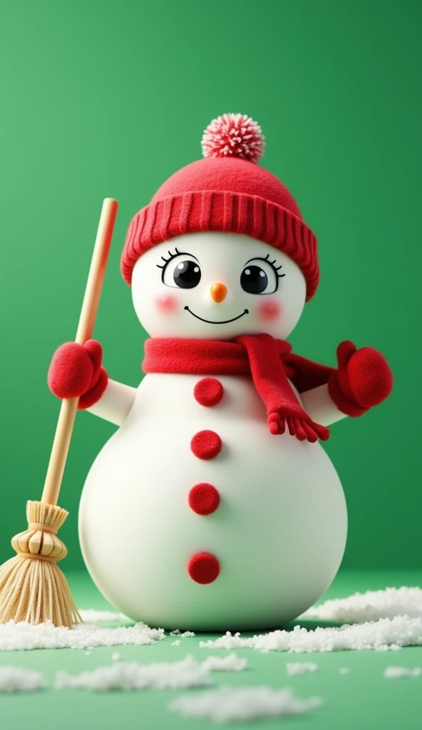 Stmpotic  , cute snowman  ,  large eyes ,    in a red hat and a red scarf ,  with a broom in red gloves  ,   sweeps , 3d,  green background