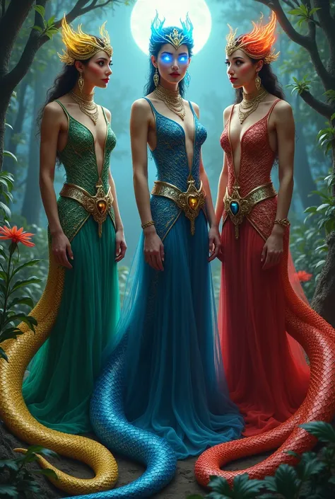 Three breathtaking serpent queens stand in a mystical, moonlit jungle, their elegant, otherworldly beauty captivating and regal. Each woman is adorned in exquisite, intricate clothing, blending human elegance with serpentine mystique. The first wears a flo...