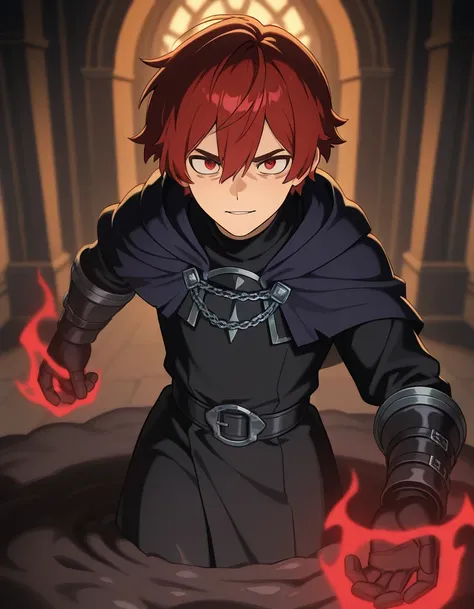 ((anime 2d style)),((dark fantasy academia background)), handsome boy, young gentle face, goth mage, red hair, red eyes, in mud light, soft face, dark circles, gentle expression, submissive looking, thick black eyebrows, helding magic in a ancient dungeon,...