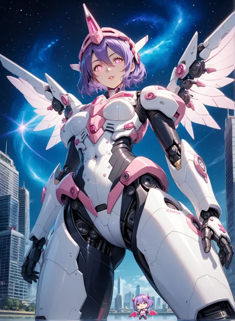 1 mature queen,  small breasts, ( pink eye:1.2),  Glowing Eyes , from below, looking at viewer, 
Purple Hair,  hair between eyes, composite equipment helmet, (( Woman in a Mecha Angel Dress ), ( high-leg leotard dress with exoskeleton , Exoskeleton Armor S...