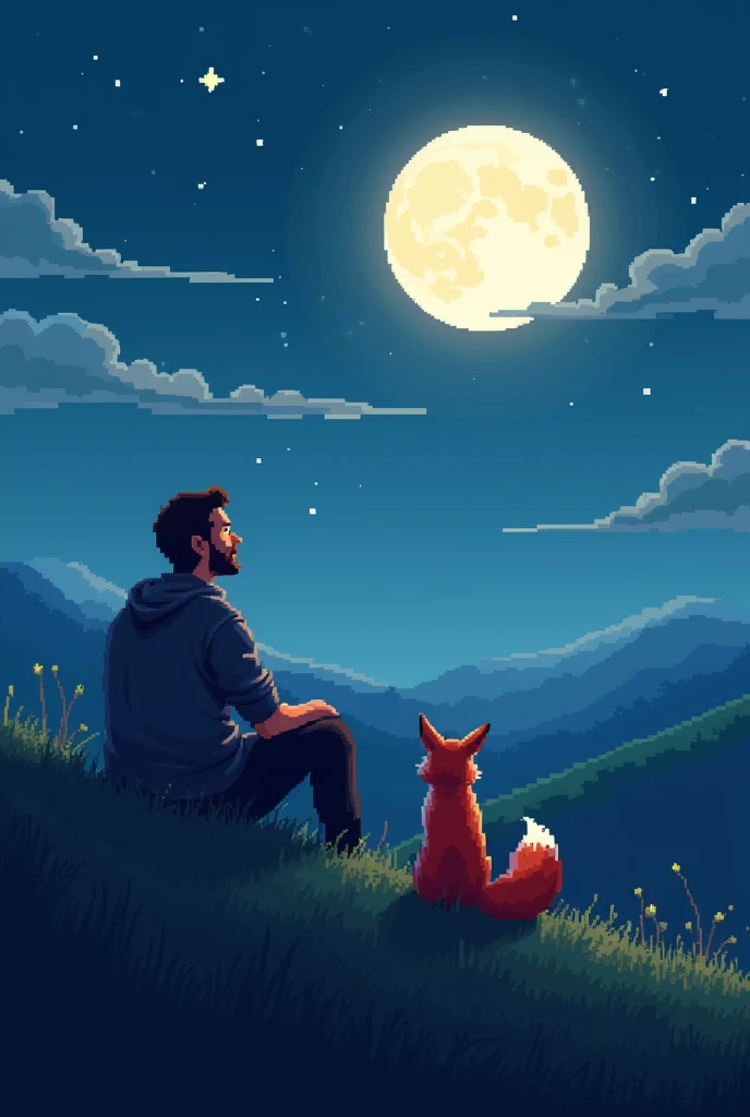 A man relaxes with his fox in the middle of a hill at night looking at the moon, with pixel art style 