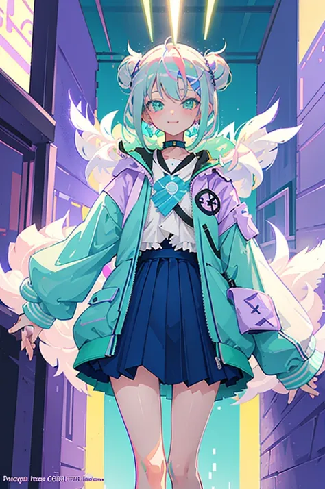 ((best quality)), ((masterpiece)), (detailed), 1girl, , (pastel lavender bob hair with mint green highlights:1.2), futuristic anime-style outfit, (pastel lavender cropped bomber jacket with geometric neon accents), white tops, layered pale gray pleated ski...