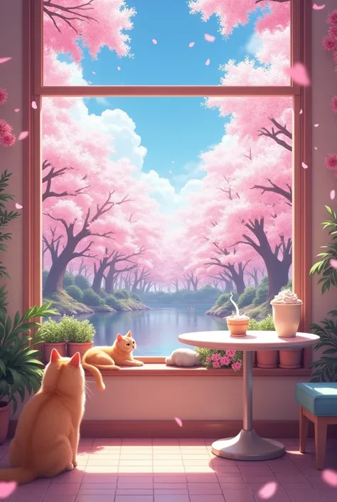 anime,  cat cafeteria , With pink filter ,  showing a window that leads directly to a forest of sakura trees,  and many sakuras are falling on the ground .