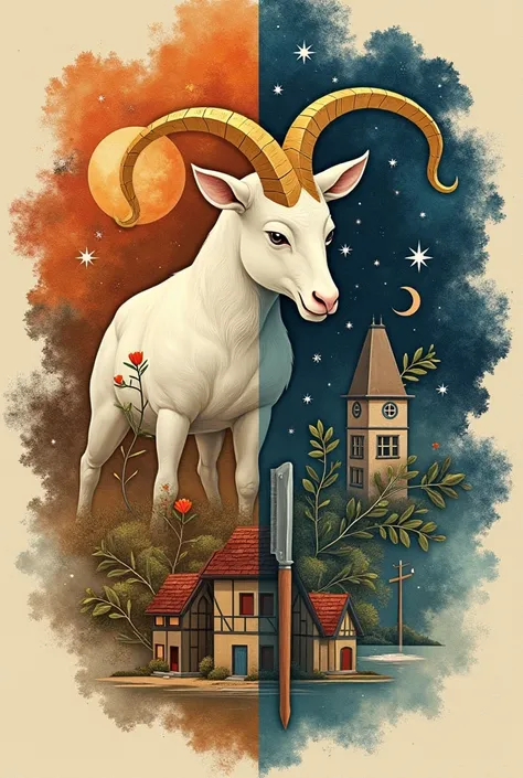  Create a ,  image that shows the Capricorn zodiac sign through the prism of all its areas of life: Work, family, hobbies and spirituality .  Add images ,  symbolizing each area — office space , A cozy house ,  hobby tools and symbols of spiritual growth ....