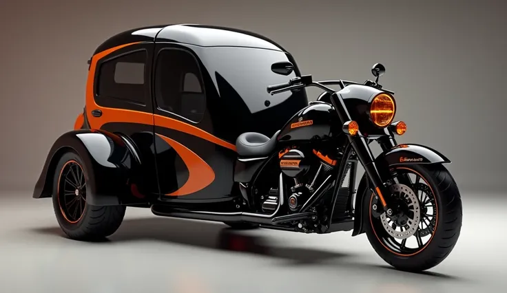 Create straight right view of a modern 2025  Harley - Davidson camper tricycle RV in glossy black with orange accents color in Lexury Bright showroom background captured from straight right view in sports look and overall 3d render and reflecting lights on...