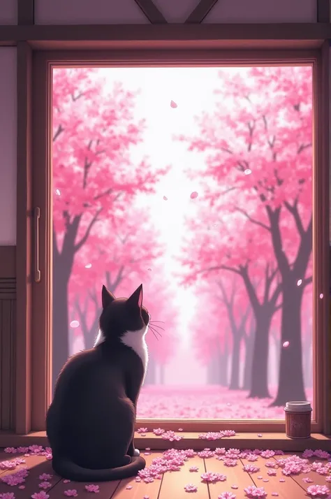 anime,  cat cafeteria , With pink filter ,  showing a window that leads directly to a forest of sakura trees,  and many sakuras are falling on the ground .