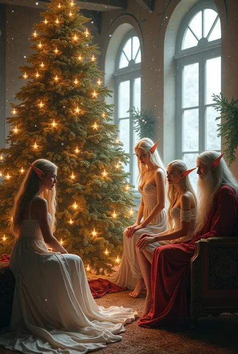 many Elves sexy women and men sitting near the Christmas tree and from afar Santa Claus sitting in his armchair.