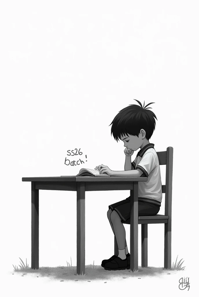 A boy is reading in a table.In his seat,SSC26 Batch is written.(Black and white art)