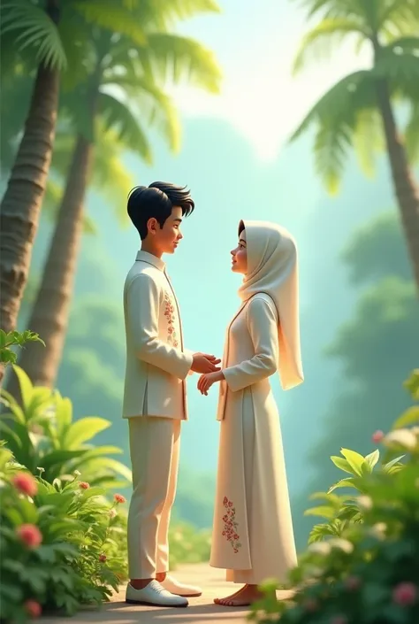  Create an animated 3D illustration of a Malaysian man and woman standing with a natural background , A man dressed in white has his name written  "ieym "  and a woman in white and a hijab has her name written "beautiful" 