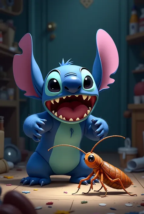 Stitch afraid of a cockroach