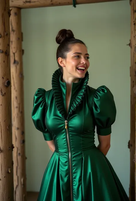 (realistic photograph close up sideways victorian cheerful) (a big bust slender waist pleased beautiful sexy looking model having an orgasm with (Gibson girl bun)), (she is wearing (an exaggerated elaborate shiny green silk high neck dress with (extremely ...