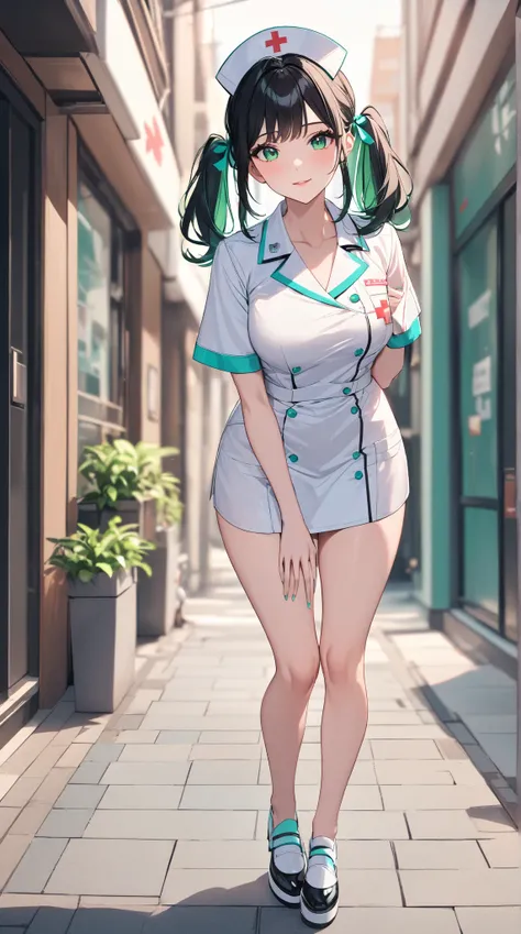 A woman wearing a nurse uniform.A woman wearing a miniskirt,impressive cute shoes.
.Her is the whole body standing. green in color, sexy and popular with women all over the world. She likes the color green. Front view from head to toe. Sexy shoes. Gentle e...